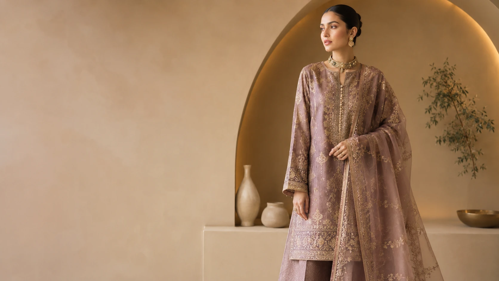 A model in a mauve organza kameez with gold embroidery and a matching sheer dupatta, from J.